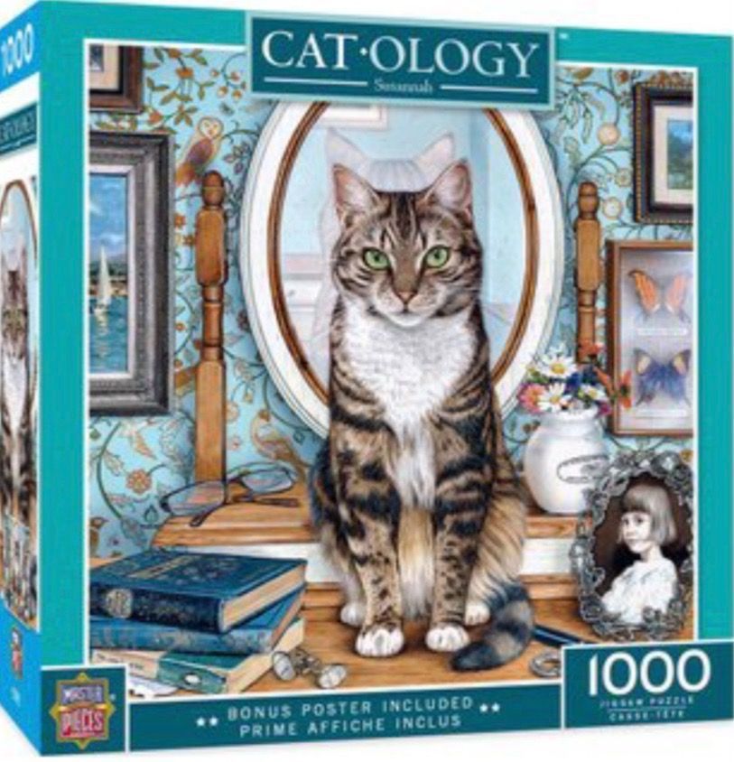 A tabby cat sits on a wooden desk in front of an oval mirror surrounded by vintage décor.