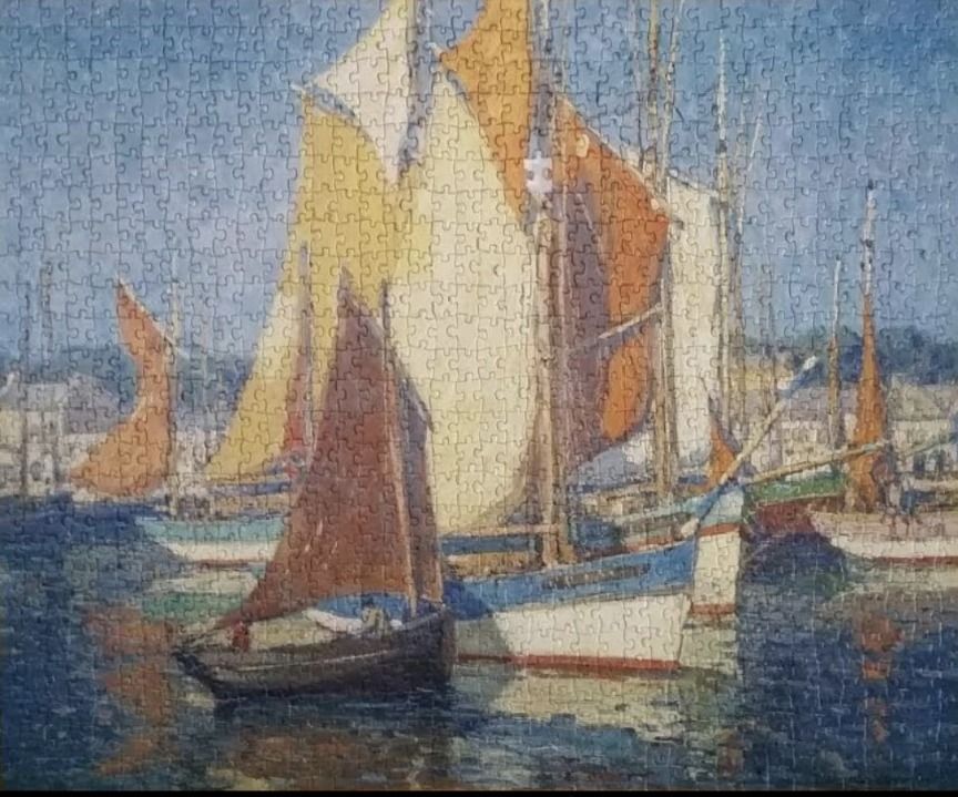An impressionist-style painting of sailboats in a harbor with yellow and rust-colored sails.