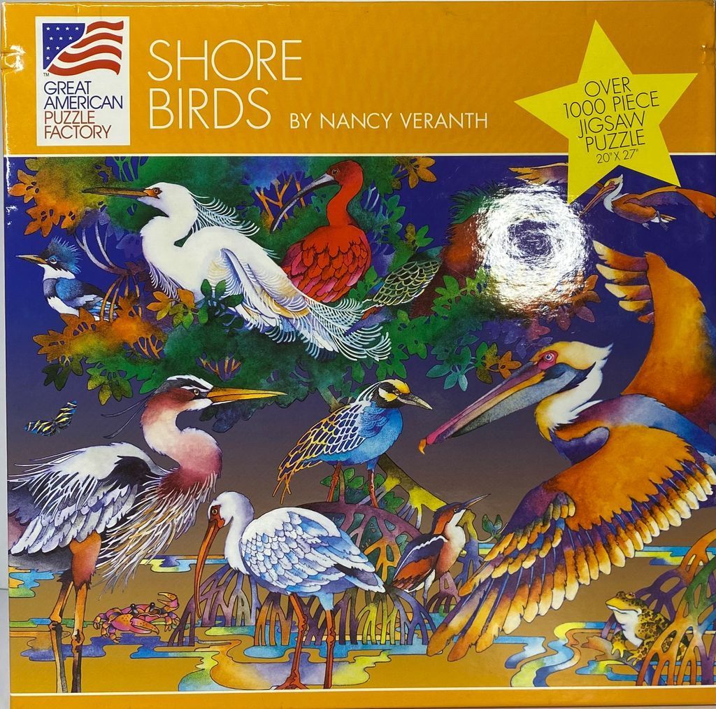 A collection of colorful shorebirds including a heron, ibis, and pelican in a stylized wetland habitat.