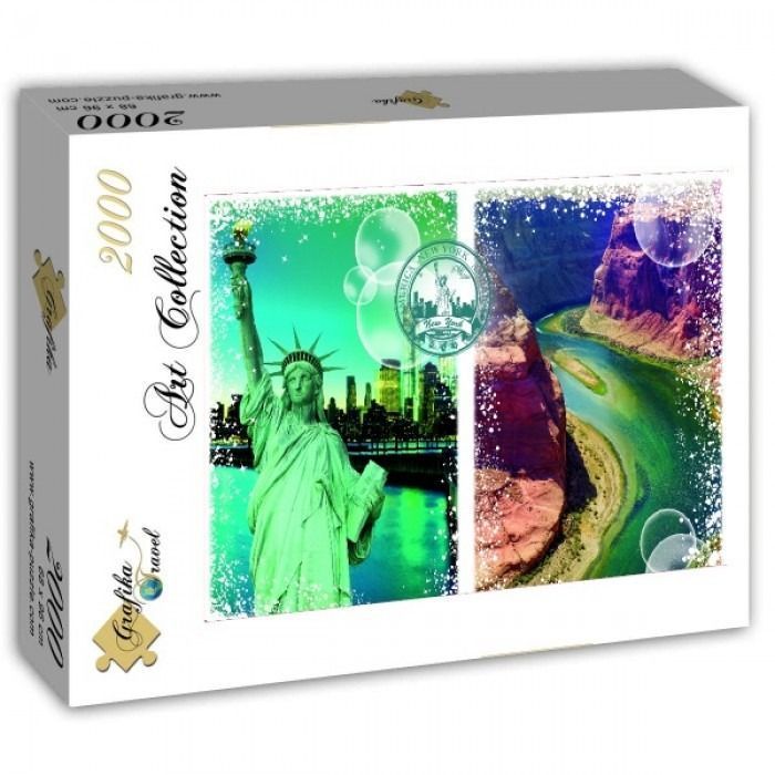 A split-screen illustration featuring the Statue of Liberty on the left and Horseshoe Bend on the right.