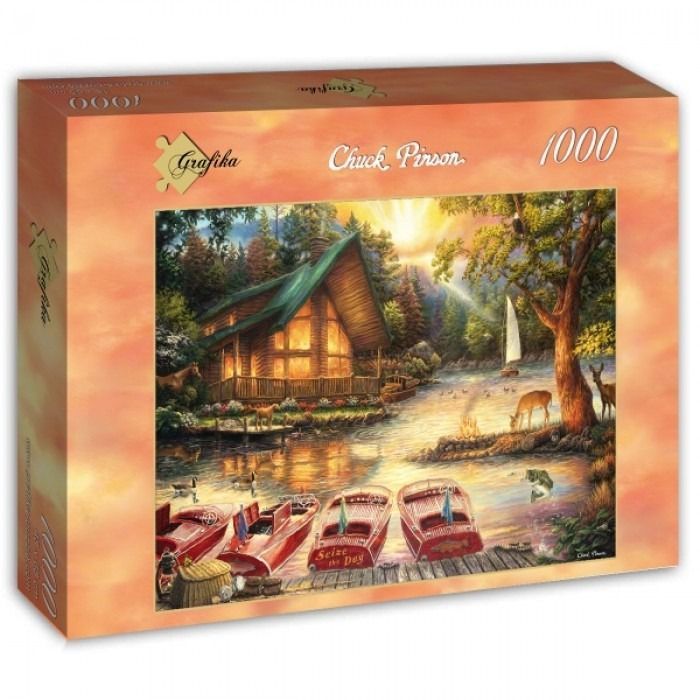 A cozy log cabin lakeside scene at sunset with motorboats docked in the foreground.