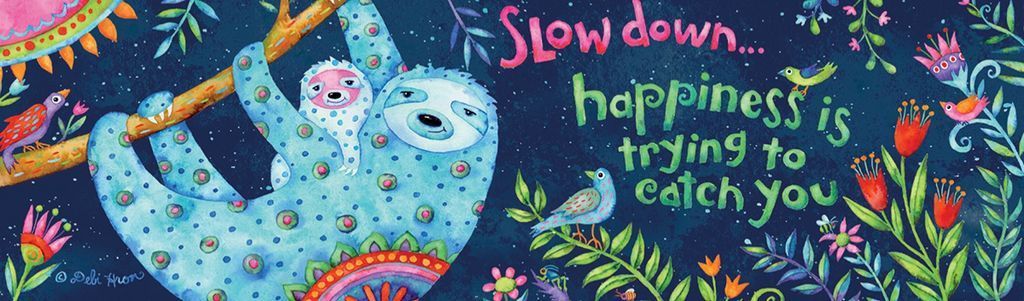 A whimsical illustration of a mother sloth and baby sloth hanging from a branch against a dark, starry forest background.