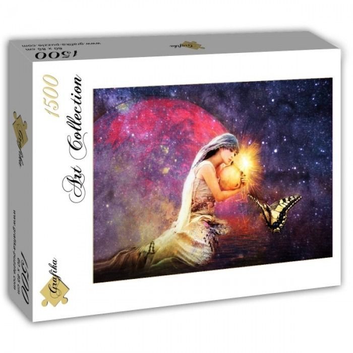 A digital painting of a woman holding a glowing orb in front of a giant red moon and starry sky, with a butterfly nearby.
