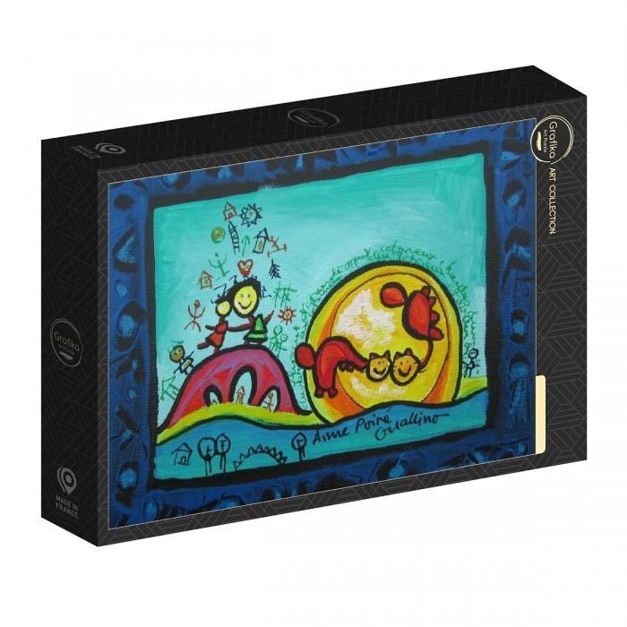 A whimsical painting of two figures on a hill next to a large yellow sun, rendered in a child-like, expressive style.
