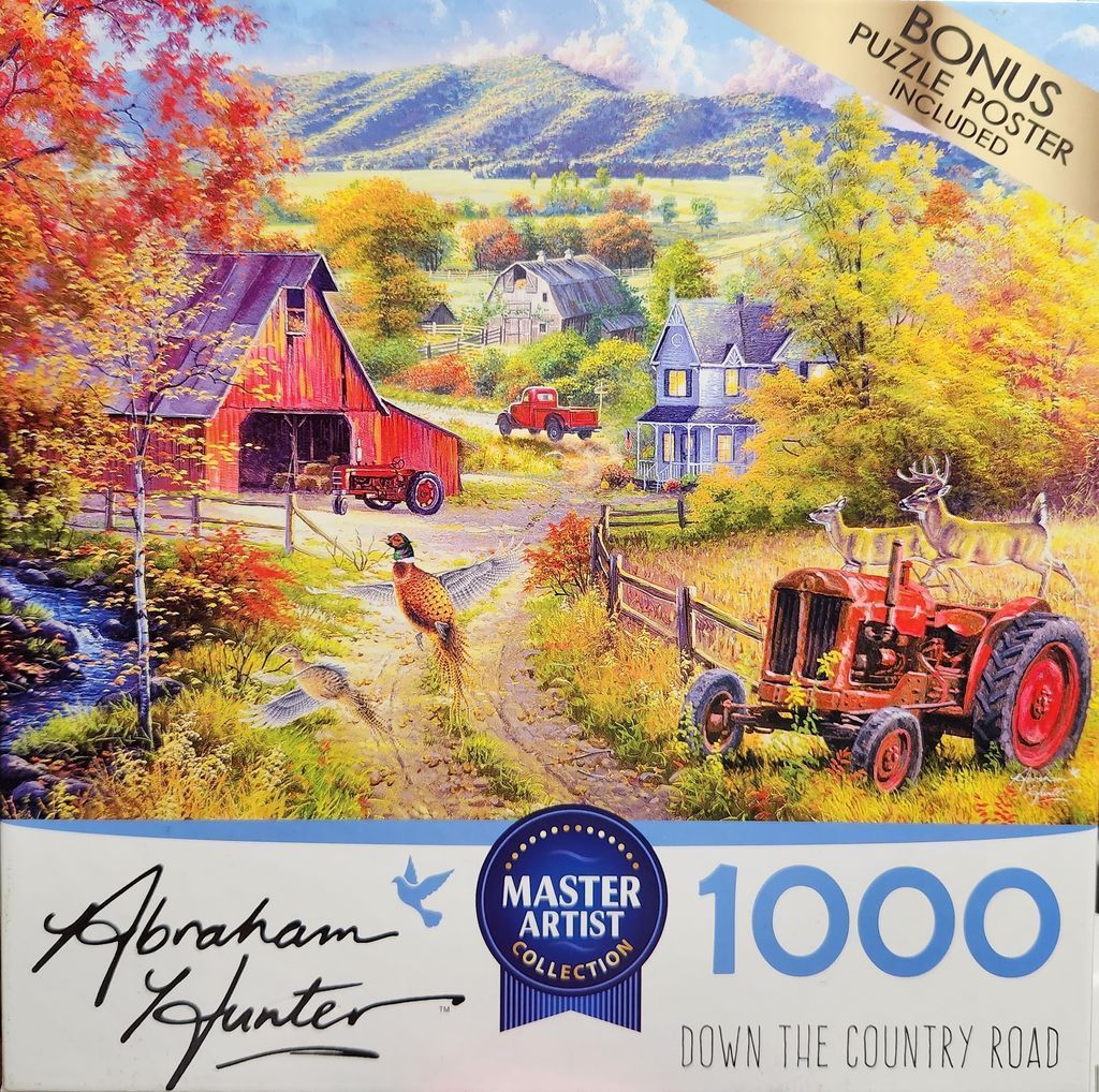 A pastoral landscape painting featuring a red barn, a country house, vintage tractors, and wildlife in autumn.
