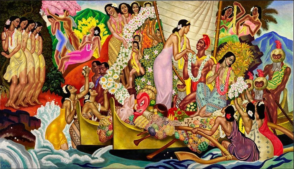 A lush, vibrant mural painting depicting a celebratory gathering of people in traditional tropical attire and an outrigger ca