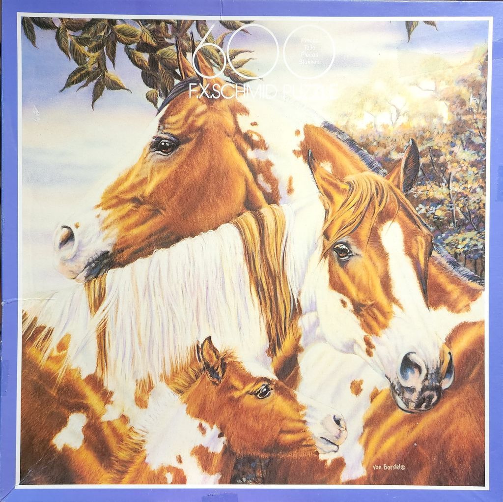 A detailed illustration of a horse family, including two adult horses and a foal, nestled together in a soft outdoor setting.