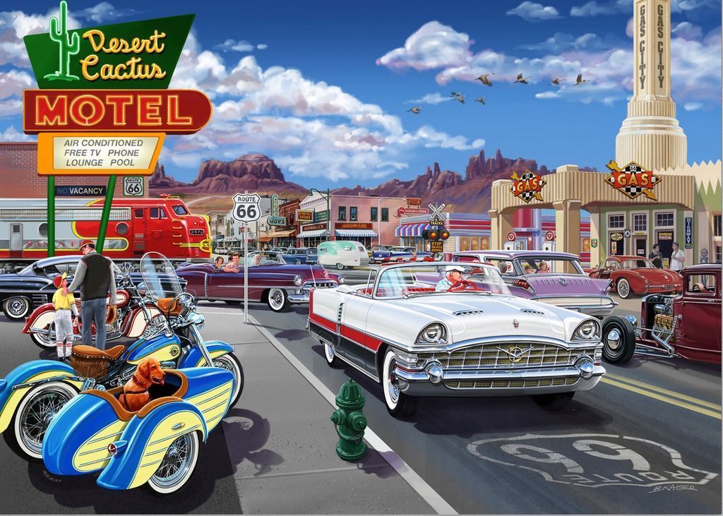 A sunny, retro scene featuring vintage cars and motorcycles on a Route 66 street with a motel and gas station.