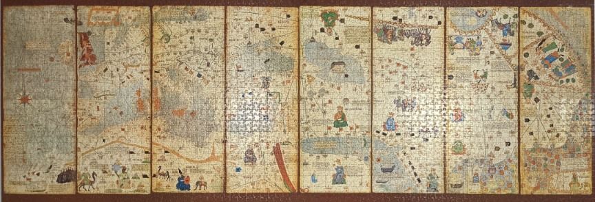 A panoramic historical map, the Catalan Atlas, featuring detailed medieval cartography with illustrations of figures.