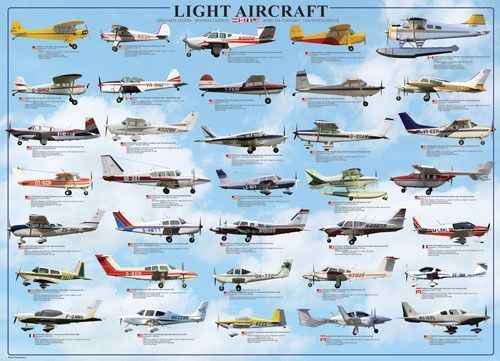 A collection of various light aircraft arranged in rows against a blue sky with white clouds.