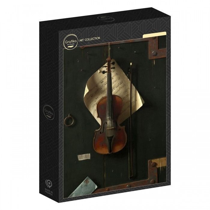 A violin and musical score hanging against a dark, rustic wooden door.