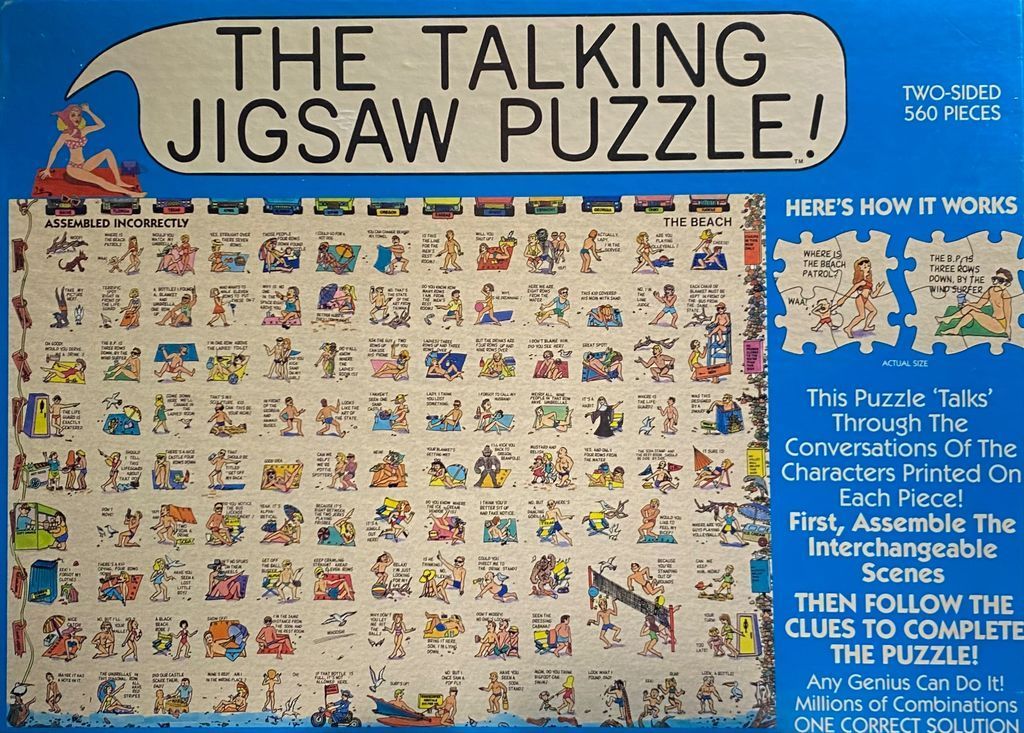 A grid-based cartoon illustration of beachgoers with speech bubbles and text instructions on a blue background.