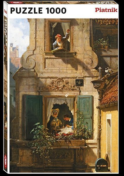 A painting of a man in an upper window lowering a string to two women in a lower window of an old stone building.