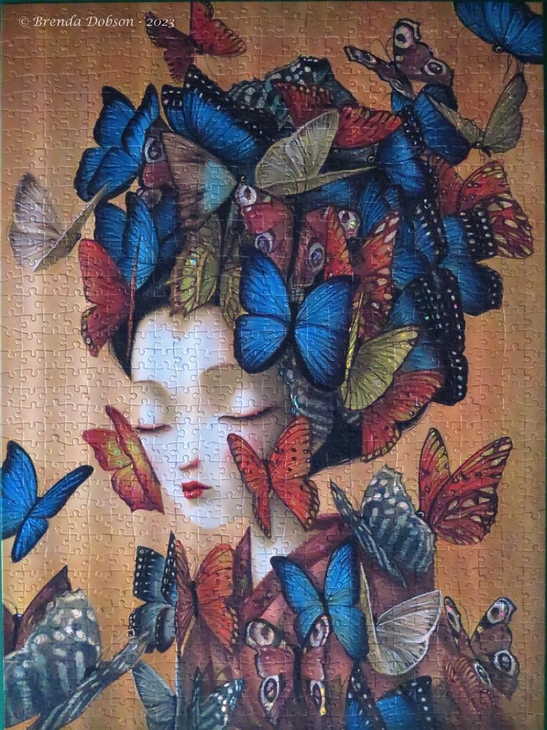 An illustration of a woman with closed eyes covered by a swarm of vibrant, multi-coloured butterflies.