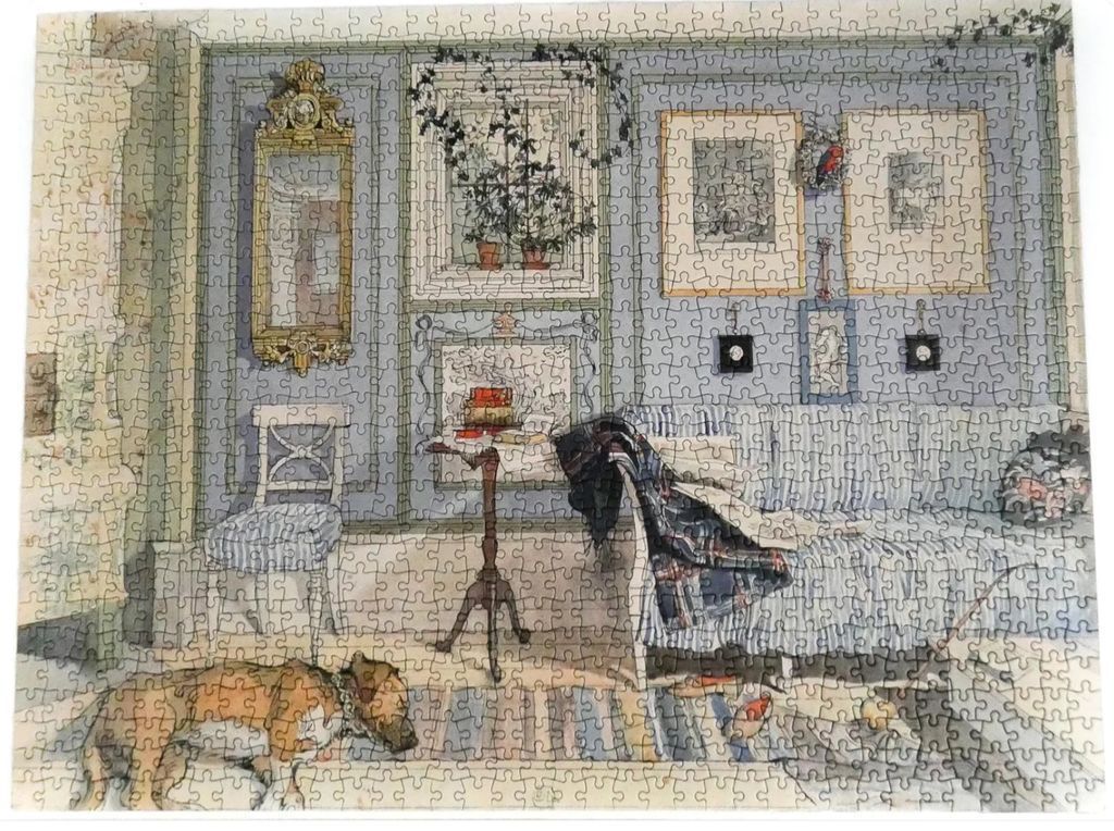 Watercolor illustration of a cozy, blue-walled room featuring a resting dog, striped furniture, and vintage decor.