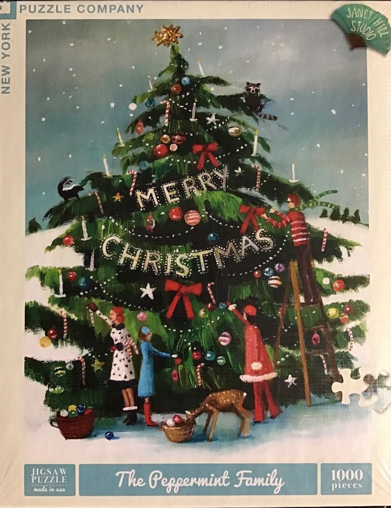 Oil painting of a family decorating a large Christmas tree in a snowy landscape with a raccoon and a fawn.