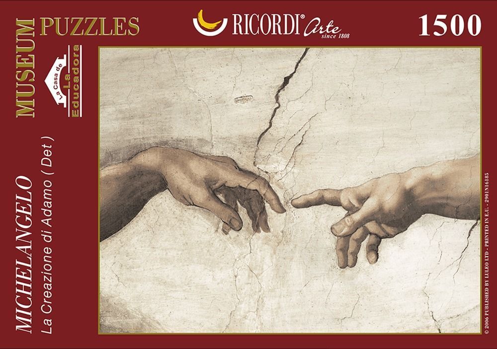 Detail of The Creation of Adam by Michelangelo showing the outstretched fingers of God and Adam.