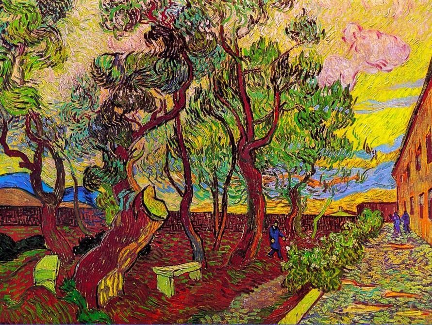 A thick, impasto-style painting of a garden with pine trees, a stone bench, and an orange building at sunset.