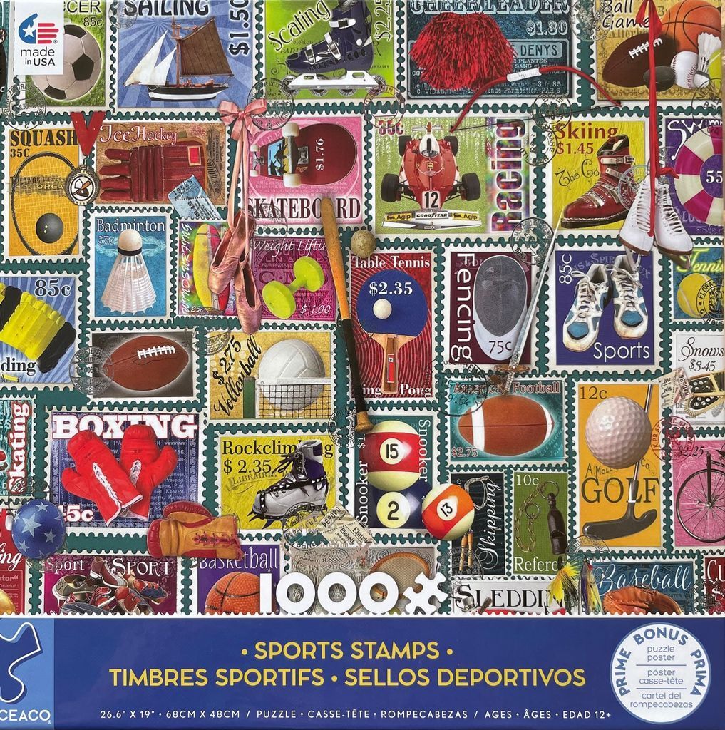 A collage of vintage-style postage stamps depicting various sports and sports equipment.