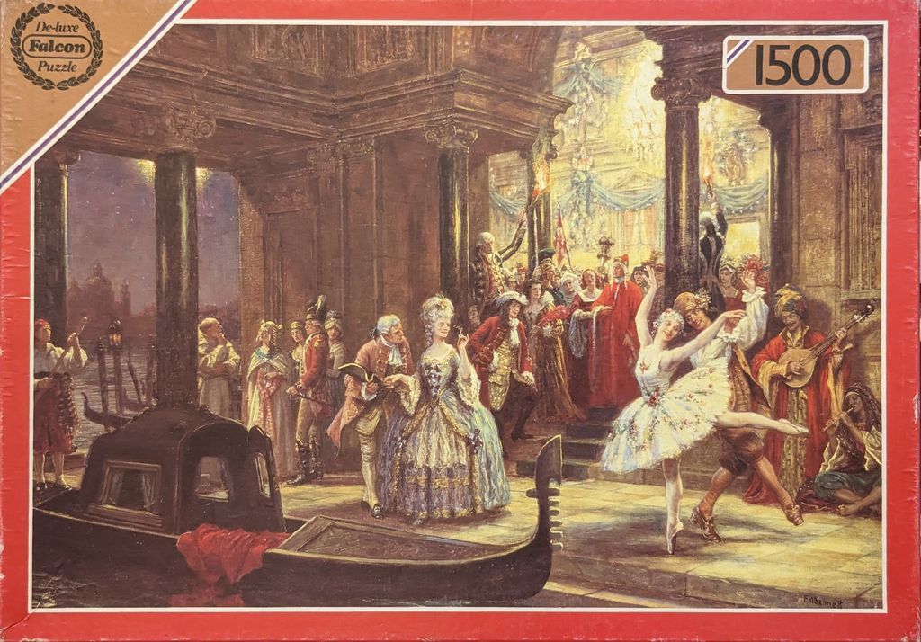 A festive 18th-century Venetian masquerade scene featuring an outdoor performance and guests near a docked gondola.