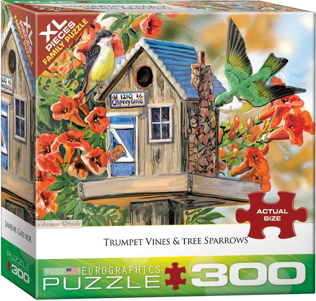 Illustration of a rustic birdhouse labeled Osprey Lane, surrounded by orange trumpet vines and two small birds.