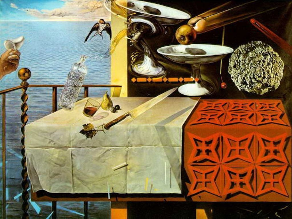 Surrealist scene of a table with a crystal bottle and fruit overlooking a vast, calm ocean.