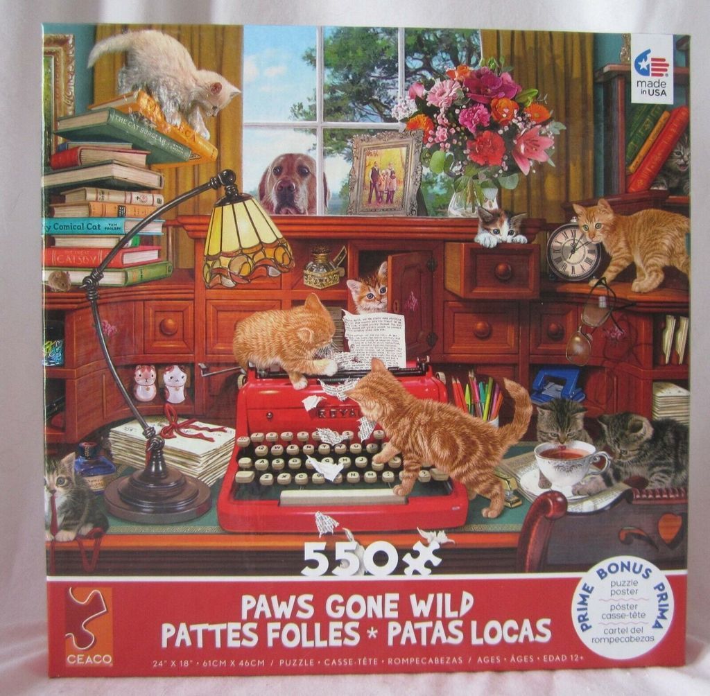A lively study scene filled with playful kittens interacting with a vintage red typewriter and other office objects.