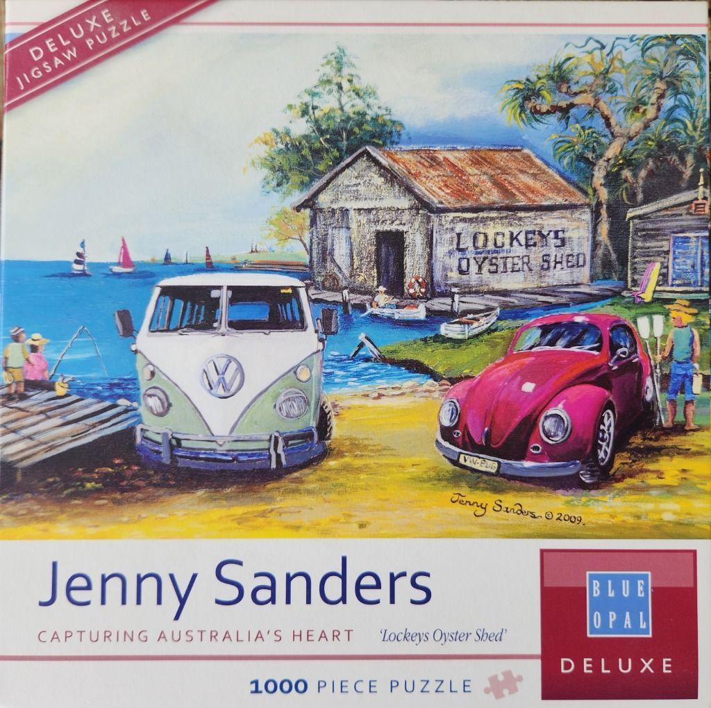 Painting of a seaside oyster shed with a vintage Volkswagen van and Beetle car parked in the foreground.