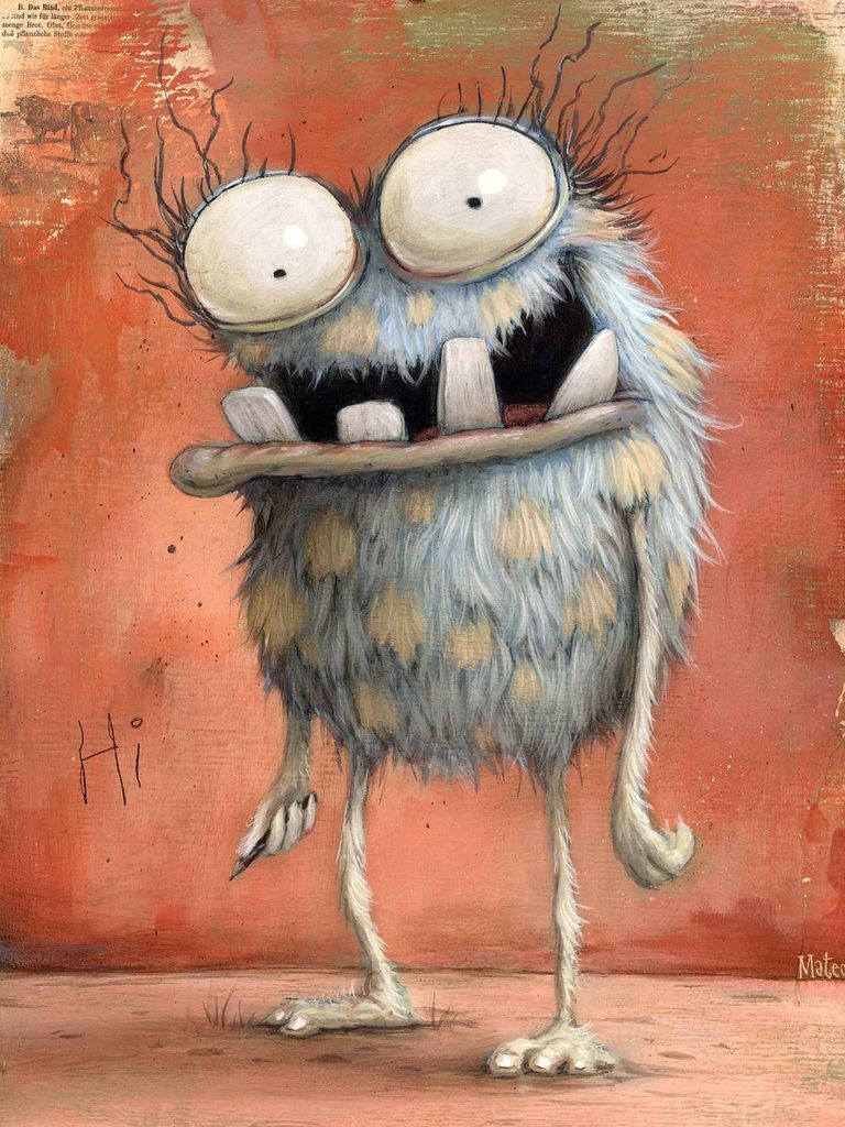 A whimsical, wide-eyed fuzzy monster with a goofy grin standing against a distressed red background.