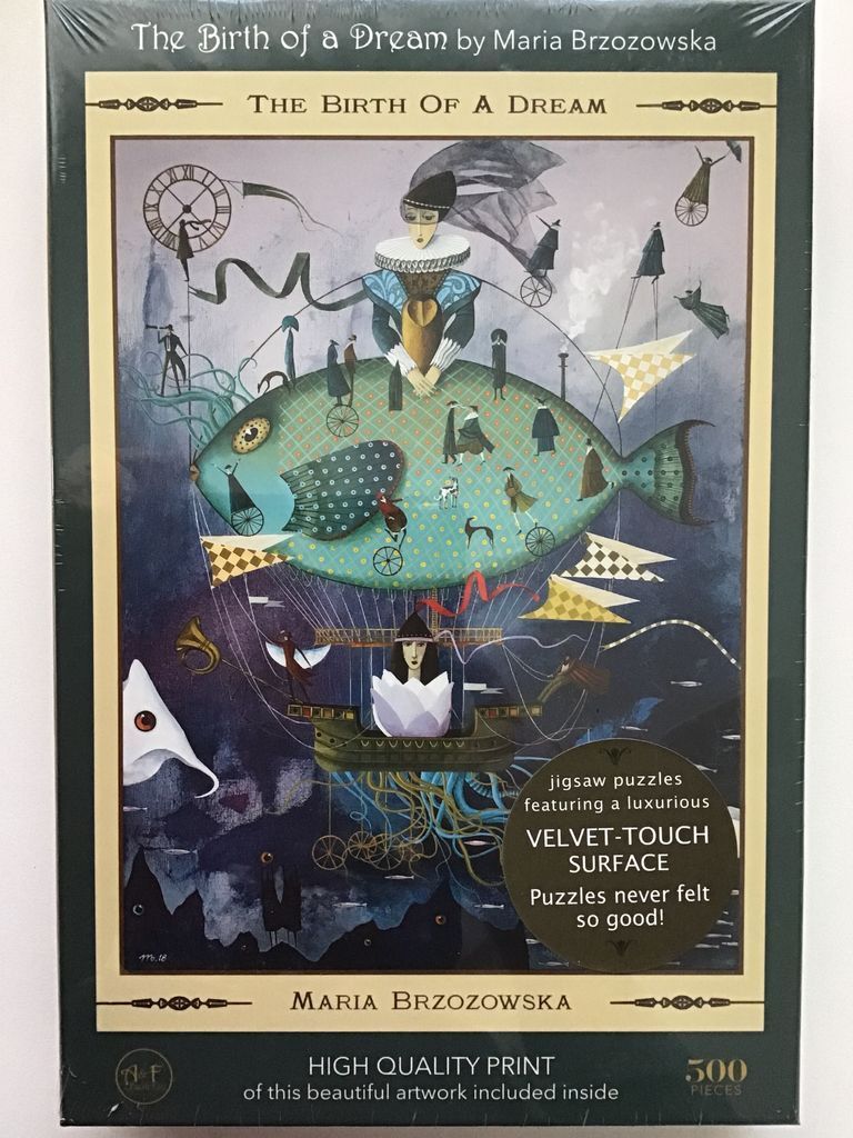 Surreal illustration titled The Birth of a Dream by Maria Brzozowska featuring a giant flying fish and a floating ship.