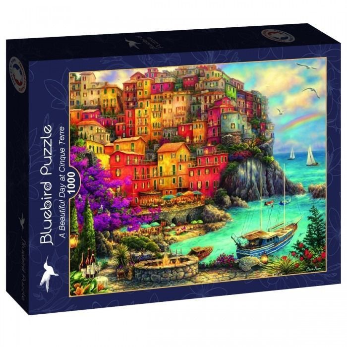 A vibrant painting of a colorful Mediterranean coastal town built into a cliffside overlooking a turquoise sea.