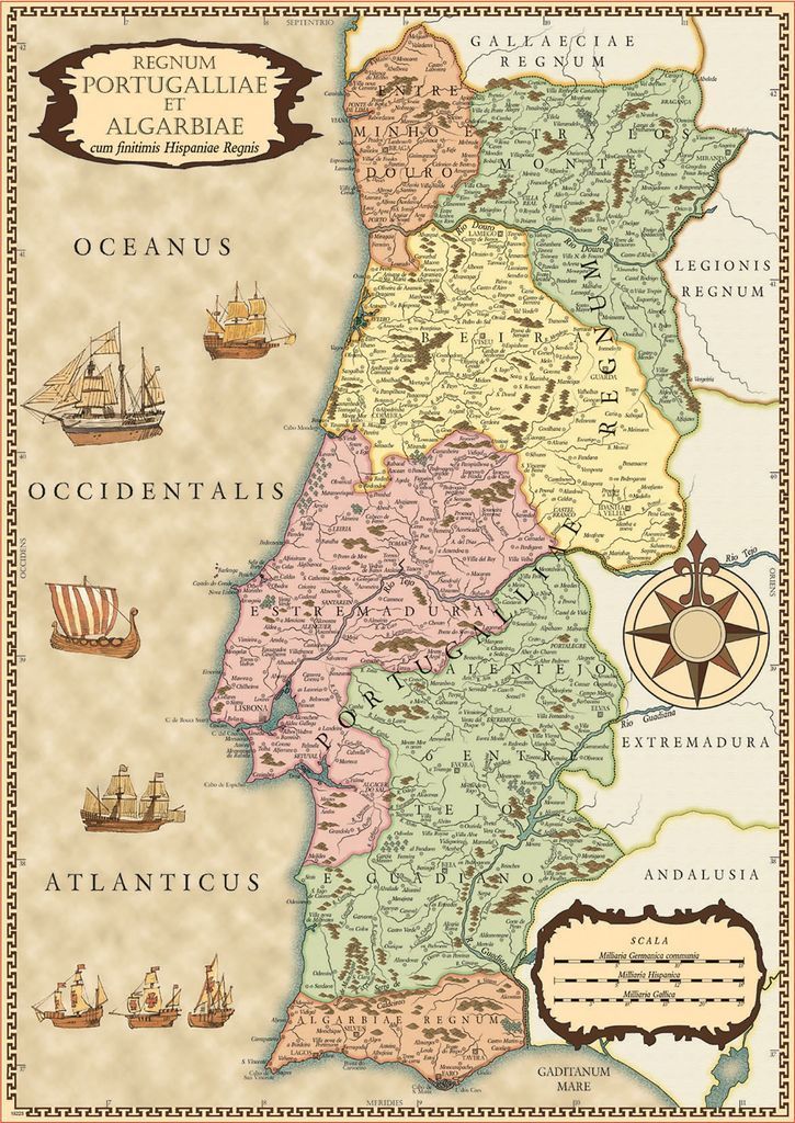 A vintage-style map of Portugal divided into colored provinces with nautical elements and a decorative border.