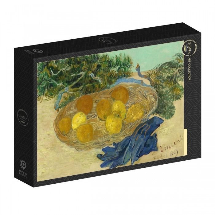 A Van Gogh painting of a wicker basket filled with lemons and oranges on a pale ground with a blue cloth.