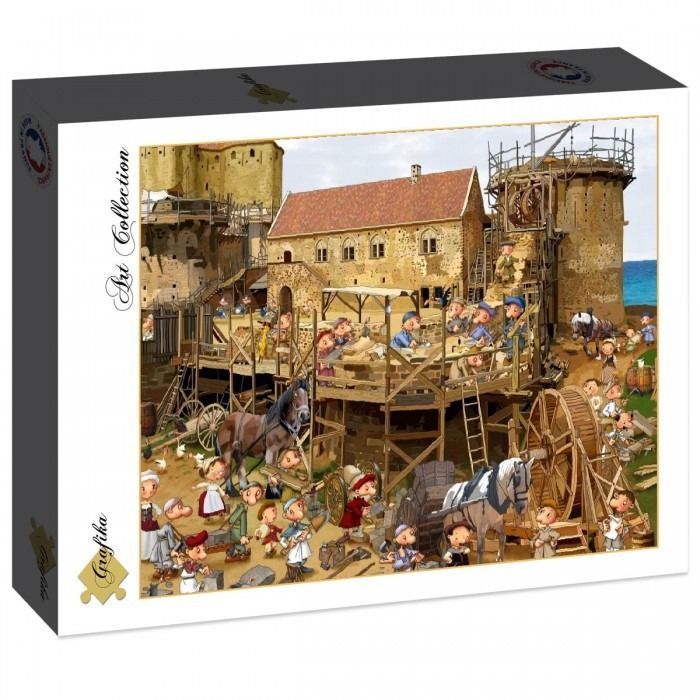 Cartoon illustration of a busy medieval castle construction site with workers and horses.