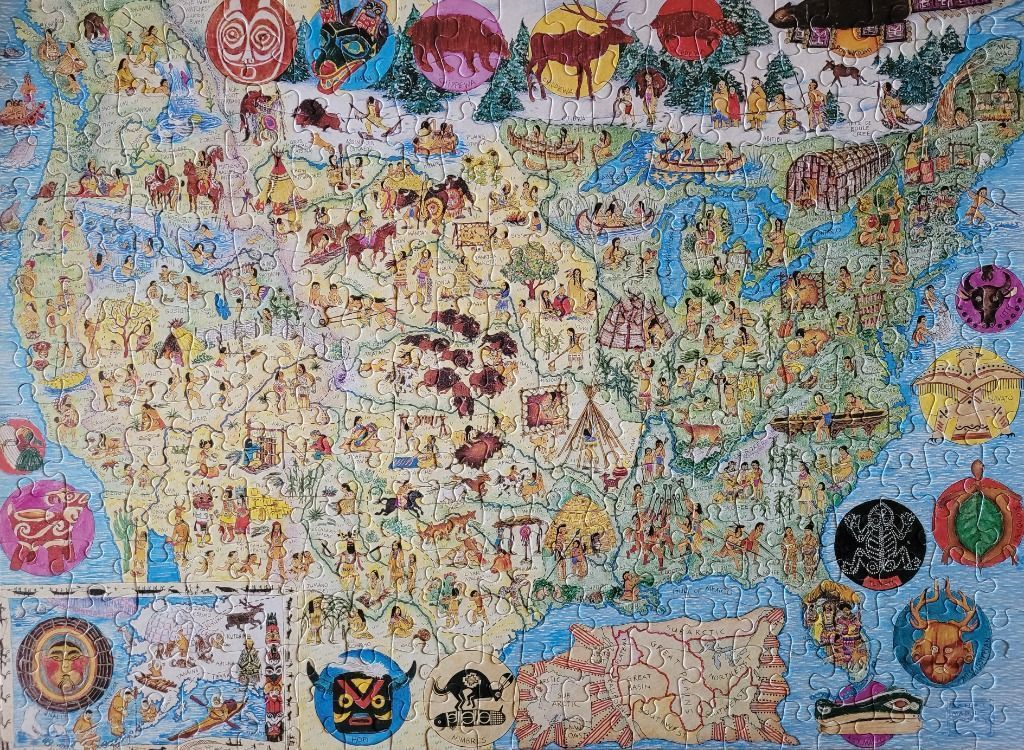 An illustrated map of North America featuring cultural depictions of indigenous peoples and wildlife.
