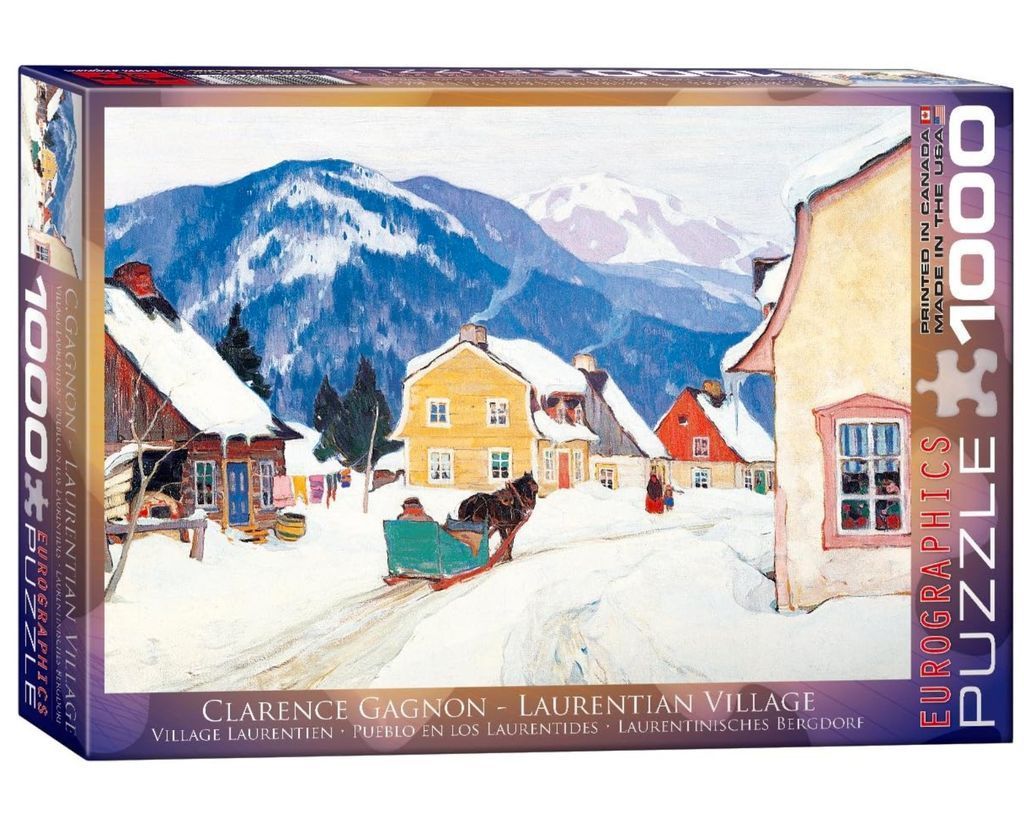 Oil painting of a snowy Laurentian village with a horse-drawn sleigh, mountains in the distance.