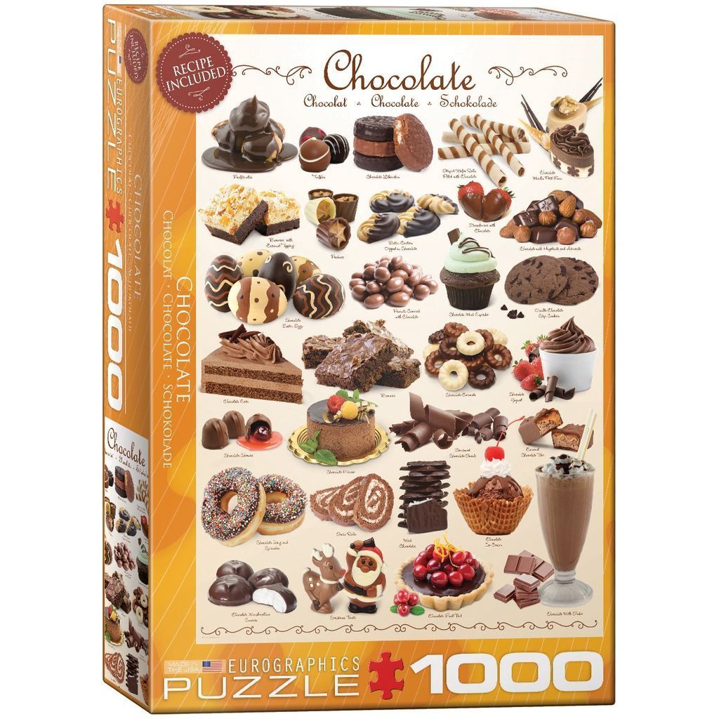 A collage of various chocolate treats, including cakes, cookies, fruits, and ice cream on a light background.