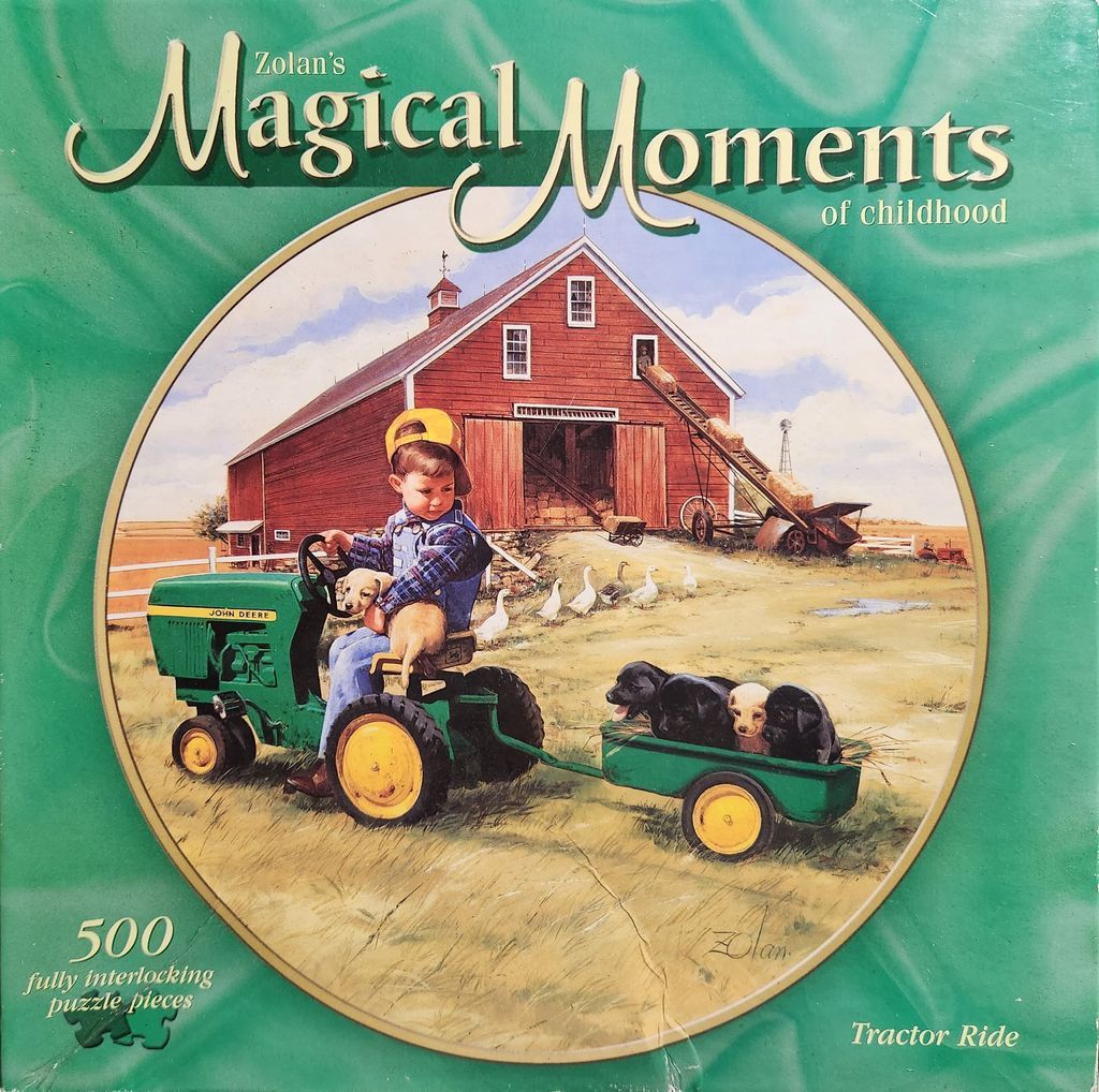 Illustration of a young child in a yellow hat driving a green toy tractor pulling a wagon filled with puppies.