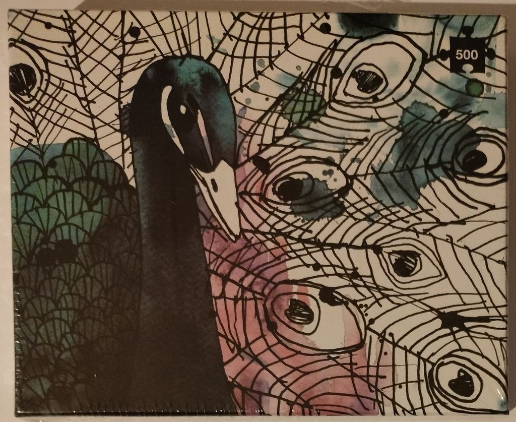 Stylized illustration of a peacock with dark feathers and an elaborate, sketched tail.