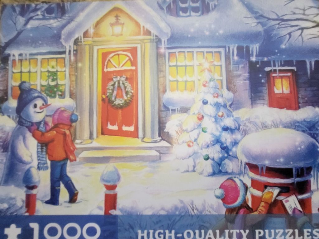 A cozy winter scene featuring children playing with a snowman and posting letters in front of a snow-covered house.