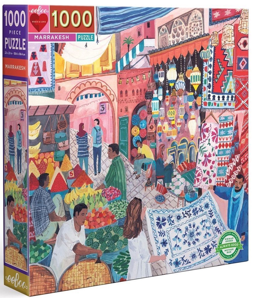 An illustration of a bustling Marrakesh market scene with colorful textiles, produce, and hanging lanterns.