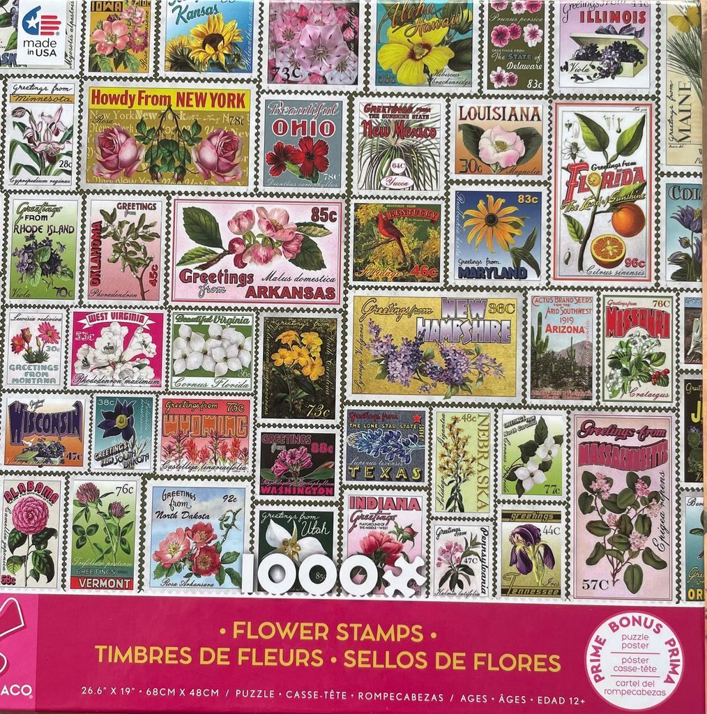 A collage of vintage-style postage stamps depicting flowers from various US states.
