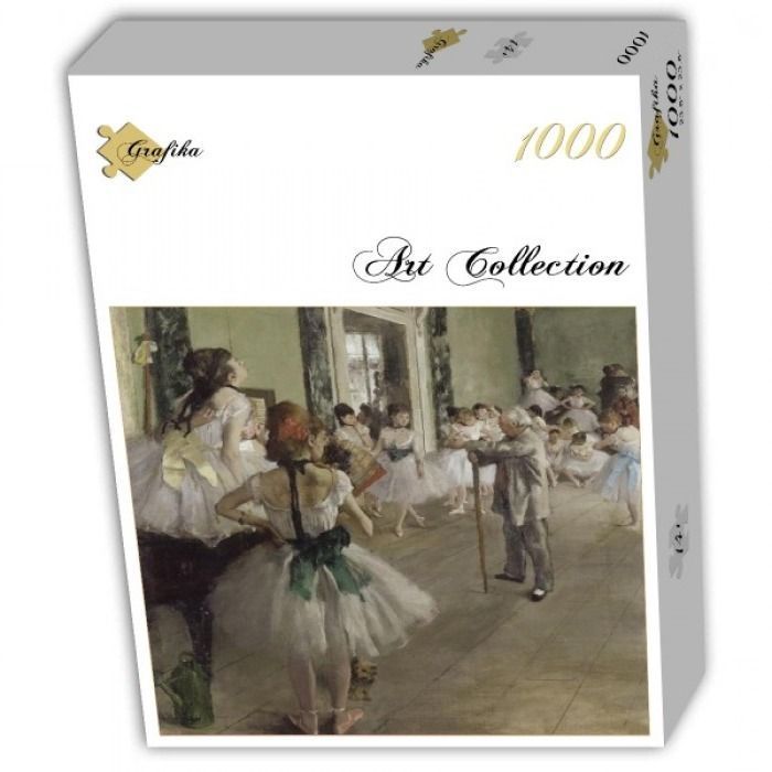 Impressionist oil painting of a dance class with ballerinas in white tutus and a ballet master.