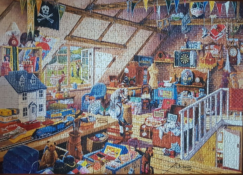 A cluttered attic room filled with vintage toys, collectibles, and a dollhouse, rendered in a detailed illustration style.
