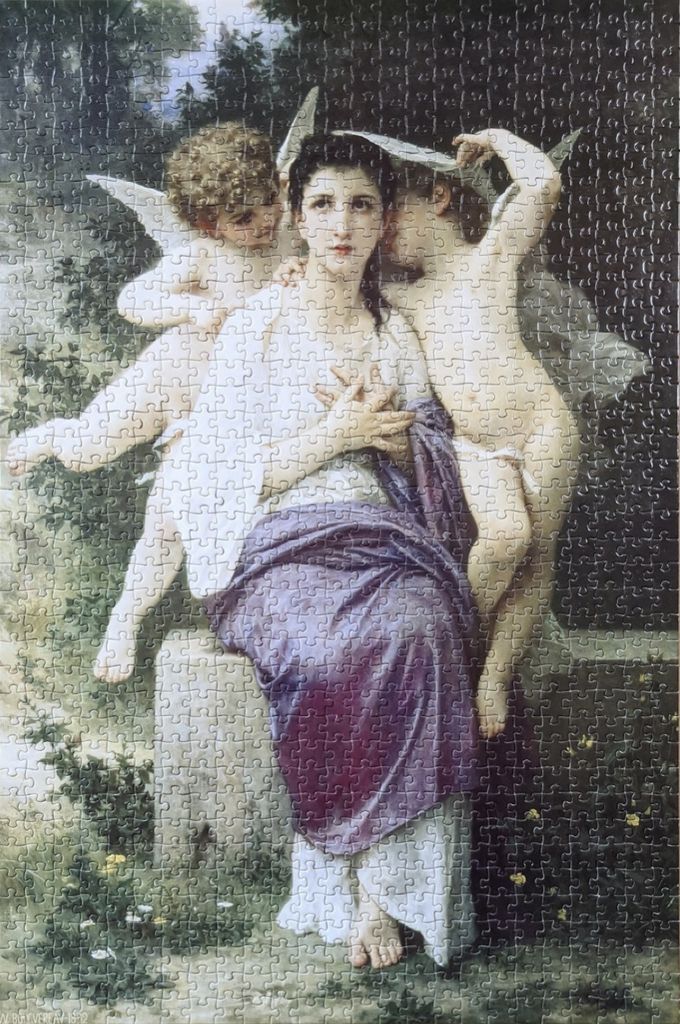 A classical oil painting of a woman seated with two winged cherubs in a garden setting.