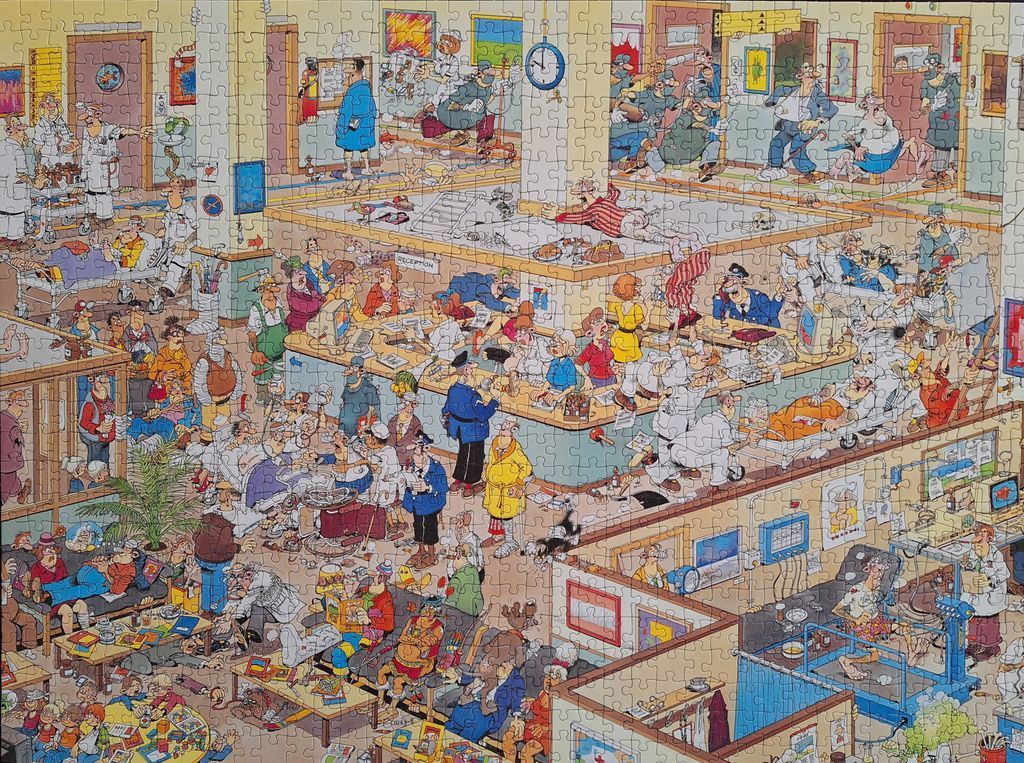 A chaotic, cartoon-style illustration of a busy, crowded hospital scene.