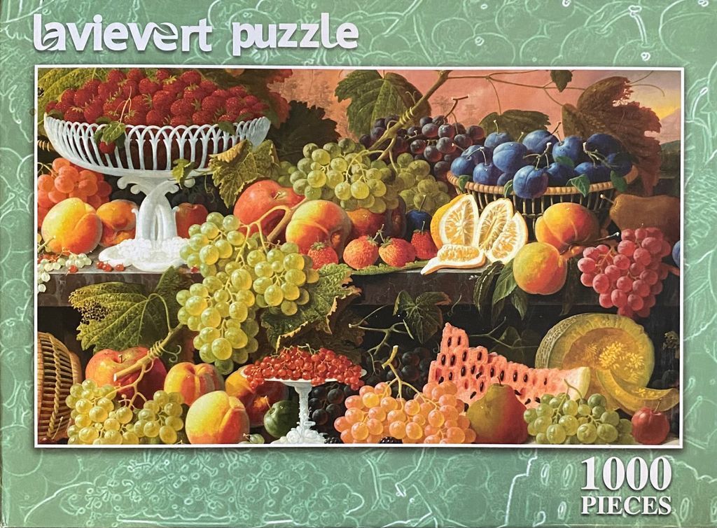 A still life painting of a bountiful arrangement of various fresh fruits on tables.