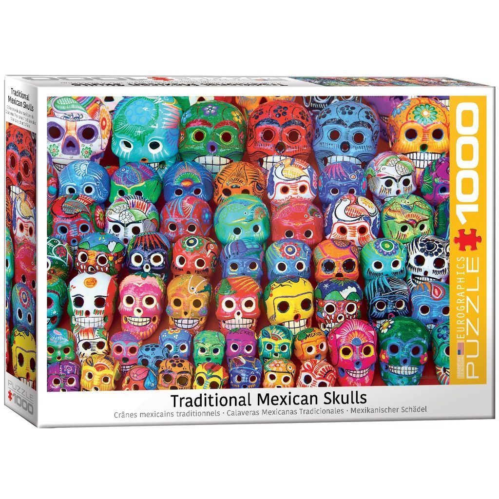 A collection of brightly painted, decorative Mexican skull figurines arranged in a dense grid.