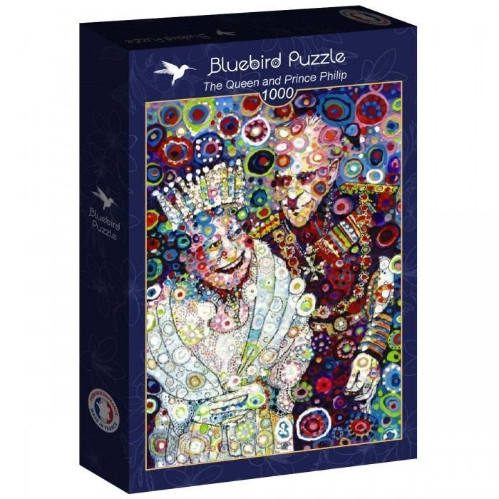 An abstract, dot-filled portrait of Queen Elizabeth II and Prince Philip.