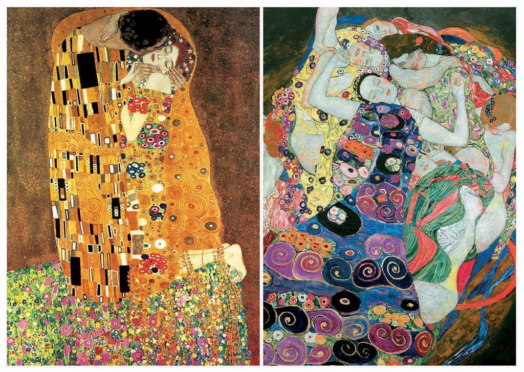 A diptych featuring an embracing couple wrapped in gold robes on the left and a cluster of resting figures on the right.